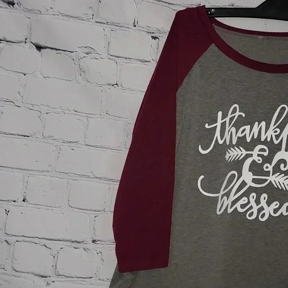 "Thankful and Blessed" Gray 3/4  Maroon Sleeve Womens Shirt Size XL - Picture 3 of 6